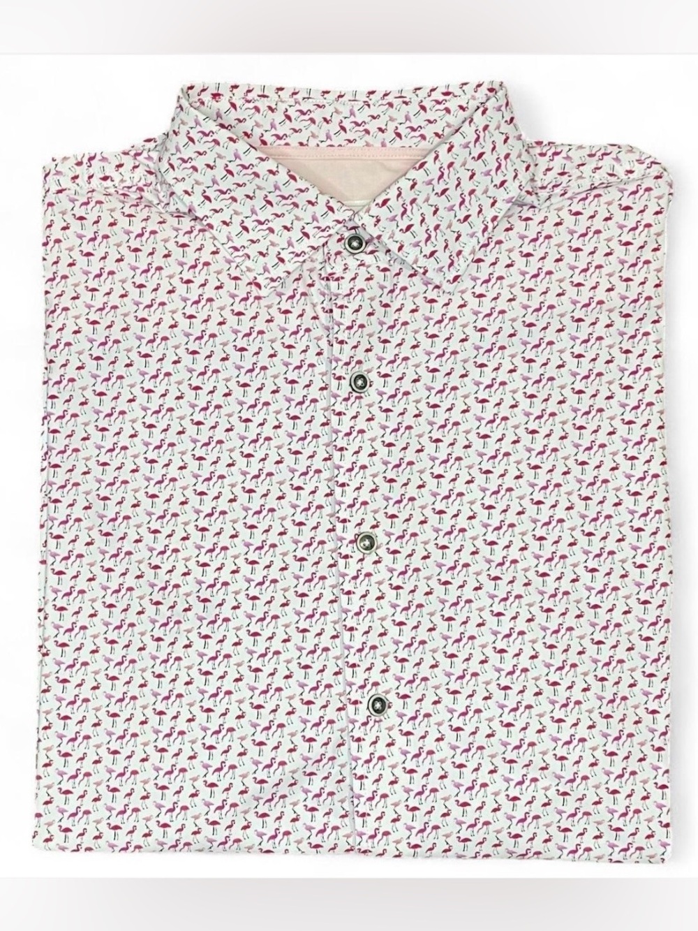 Johnnie-O Mens Hangin Out Button Up Short Sleeve Shirt L Flamingo Print Stretch